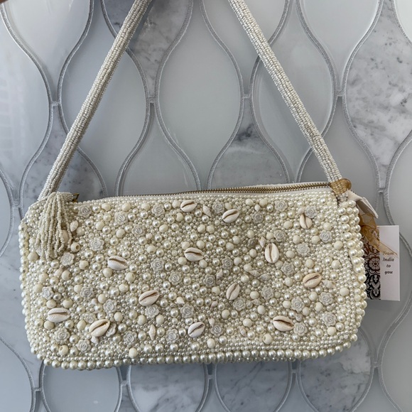 Made in India Handbags - Pearl-Embellished Cream Clutch